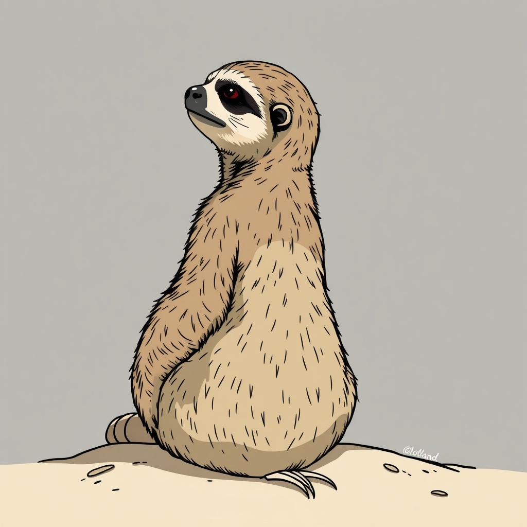 AI generated image by FLUX.1-schnell: A sloth sitting on his bum, facing forward, arm to the side. Borderland cel shaded style.