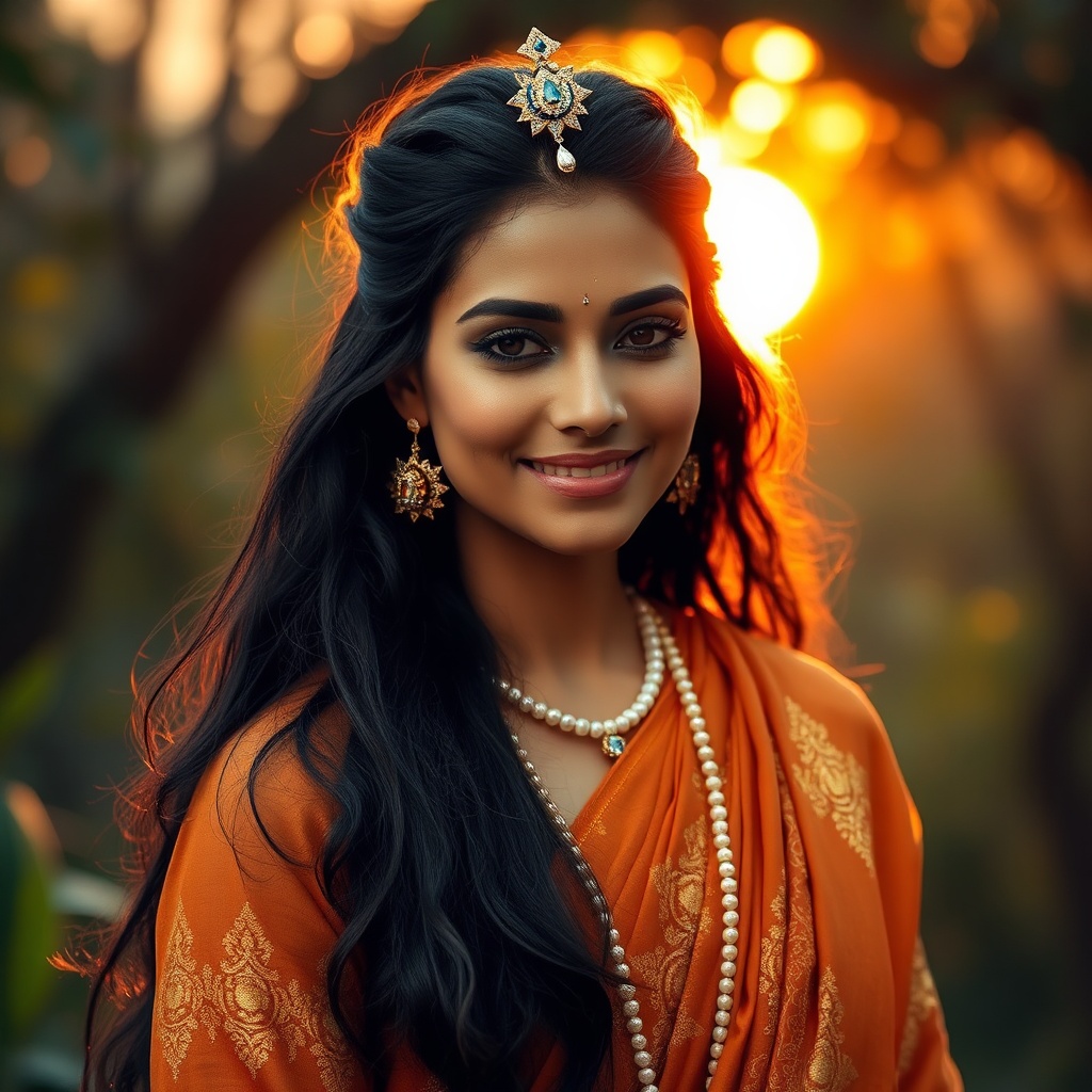 AI generated image by FLUX.1-schnell: Imagine Maa Brahmcharini, a serene and radiant woman, standing in a lush, natural environment with a faint, warm sunset glow. Her skin tone is a soft, golden brown, with a subtle, healthy sheen. Her facial features are delicate yet strong, with high cheekbones, a slender nose, and full, pink lips that curve into a gentle, enigmatic smile. Her eyes, pools of deep, shimmering blue, sparkle with wisdom, compassion, and inner strength. She wears a flowing, saffron-hued sari, intricately patterned with golden thread and adorned with precious gemstones, its folds billowing around her like a cloud. A delicate strand of pearls adorns her neck, and a golden diadem rests upon her forehead, its centerpiece a glittering, star-shaped jewel that shines like a beacon of guidance. Her hair flows like a river of night, its dark, luscious strands cascading down her back, with a few stray locks framing her face. She stands in a tranquil setting, surrounded by lush greenery, with a few flowers blooming at her feet, exuding an aura of gentle, ethereal beauty.