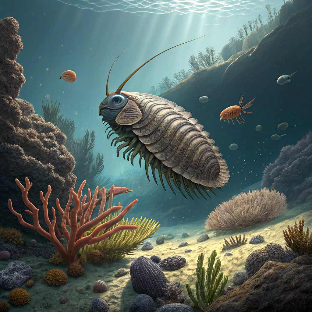 AI generated image by Red Panda AI: "A highly realistic illustration of the trilobite Cheirurus in motion within a vibrant Silurian reef environment. The trilobite features a segmented body with distinct spines and prominently showcases its bulbous glabela with intricate details and ornamentation. The coloration of Cheirurus is camouflaged in earthy tones, blending naturally with the reef's coral structures and sediment. The scene includes diverse marine organisms such as corals, crinoids, and brachiopods, enhancing the richness of the Silurian ecosystem. The lighting is dramatic, with a directional underwater beam highlighting the glabela, thoracic segments, and reef textures, creating a striking contrast between the trilobite and its environment."