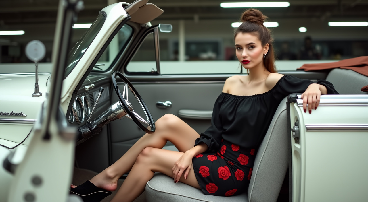 AI generated image by FLUX.1-pro: Top level of a parking garage on a sunny day. Impeccably restored white 1946 Chevrolet convertible with the top down. High bench front seat light grey cloth set toward the back Light grey floorboard carpet. Lovely and very petite (150 cm tall) French woman with trim figure in early 50s sitting on seat next to the open door with legs underneath the steering wheel Thighs resting on seat, feet on floorboard. Pale complexion, long brown hair gathered in bun. Red lipstick. Eye makeup. Black off-shoulder peasant blouse with 3/4 sleeves. Tight-fitting rose-covered pencil skirt hemmed above the knee. Black suede high heel wedge slides with rose on the vamp. Camera positioned just outside and behind the open door. Focus on feet. Both feet visible.

