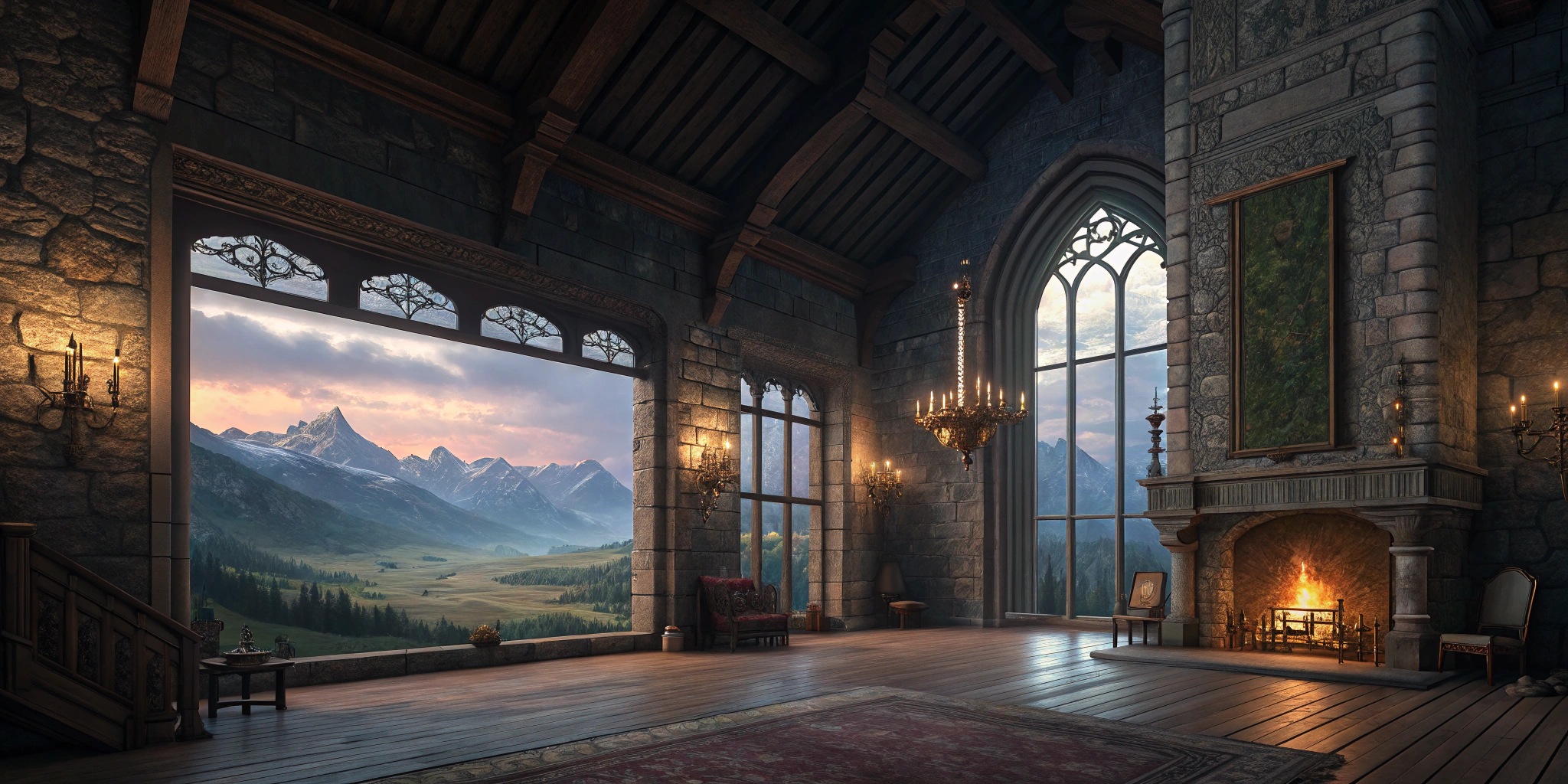 AI generated image by FLUX.1-schnell: Medieval fantasy matte painting. Ultra-wide shot, 8k resolution, 21:9 display. Inside the grand great hall of a medieval castle, a warm glow emanates from the fireplace, illuminating the intricate stone walls and ornate furnishings, while outside, the breathtaking scenery of the Scottish Highlands unfolds through the large windows. Low-key dynamic lighting. Soft warm glow on the furniture, soft pastel colors of the highlands. Deep blues and greens, earthy tones, and golden warmth. Intricate, detailed, realistic textures. Unreal Engine 5 quality. Fantasy concept art style. Complementary colors. Dreamy, mystical atmosphere.
