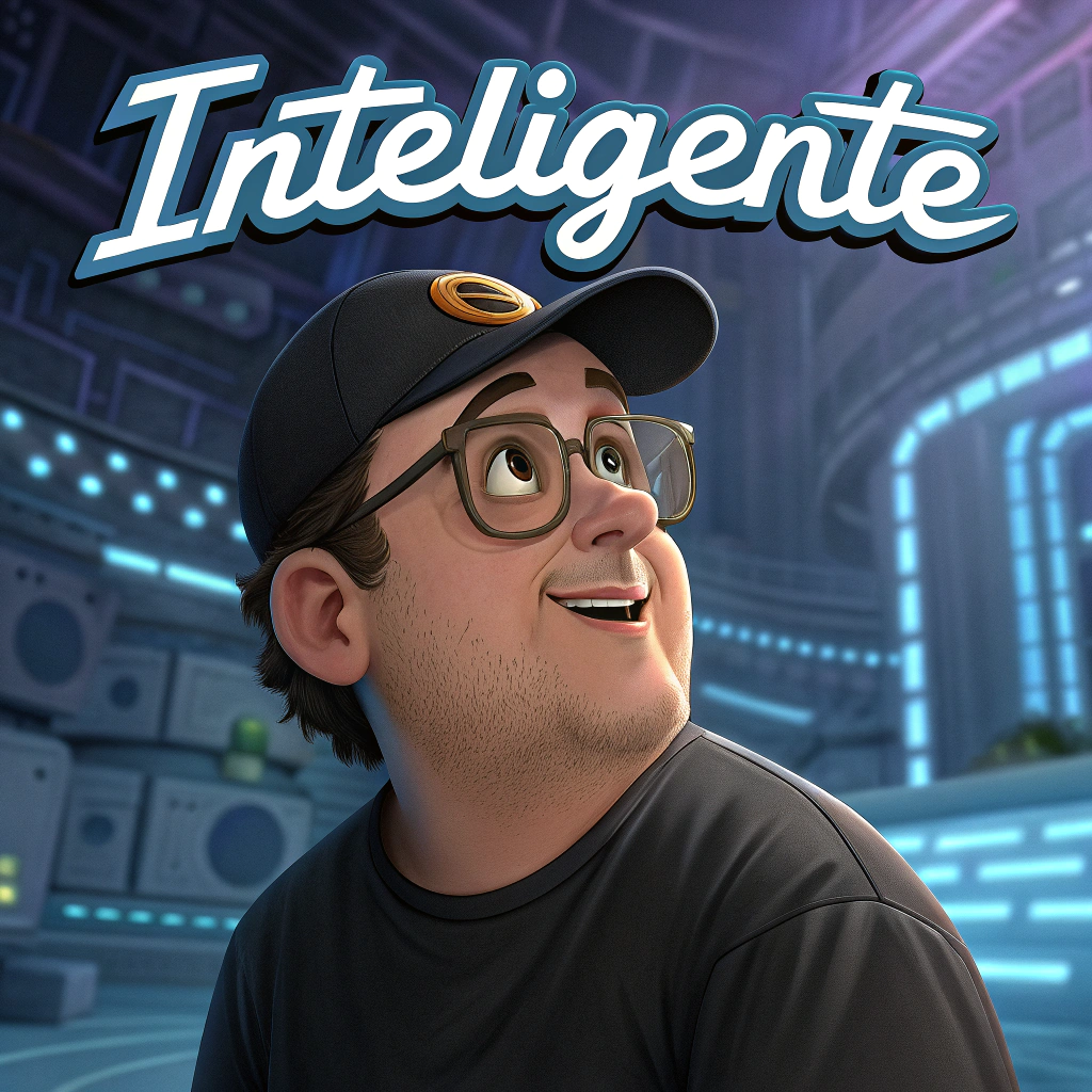 AI generated image by Red Panda AI: Create a fun and friendly Disney Pixar style movie poster in 4k of a full body man with black cap, magnifying glasses, brown eyes. The title of the movie is “intelligent” written in Spanish. This man is wearing a black t-shirt and is animated in 3D, the background of the image should be very technological neon style. The man should appear far away.