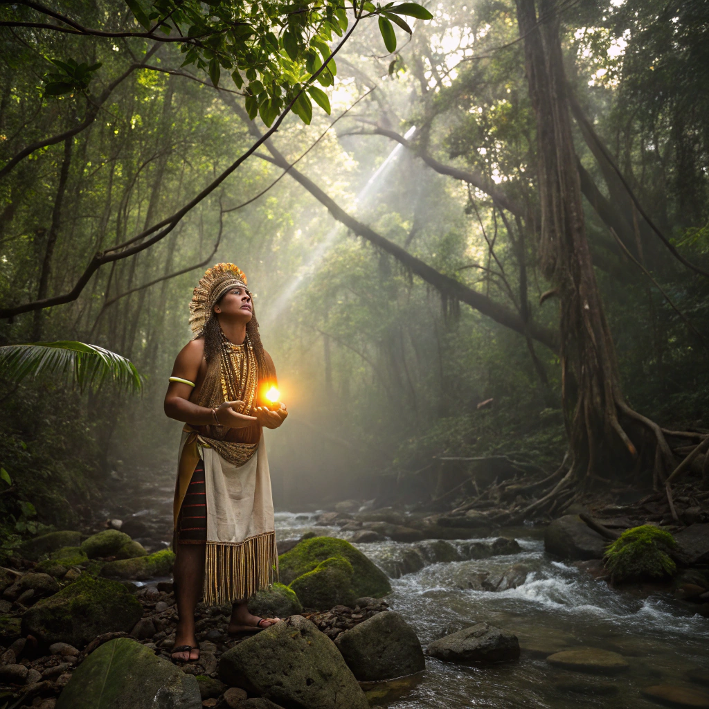 AI generated image by Red Panda AI: Una representación mística de Sibö, la deidad creadora de los bribris, en un entorno sagrado y natural. Sibö aparece como una figura espiritual rodeada de un aura luminosa, con rasgos indígenas y vestido con atuendos tradicionales de los bribris. Su presencia está enmarcada por la selva tropical de Talamanca, con árboles ancestrales y ríos cristalinos. A su alrededor, animales sagrados como el jaguar, el águila y la serpiente, que simbolizan su conexión con la naturaleza. En sus manos sostiene una semilla dorada, representando la creación del mundo y de los clanes bribris. En el cielo, patrones cósmicos y símbolos indígenas bribri narran la historia de la creación. La imagen transmite una sensación de espiritualidad, armonía y el poder de la naturaleza."