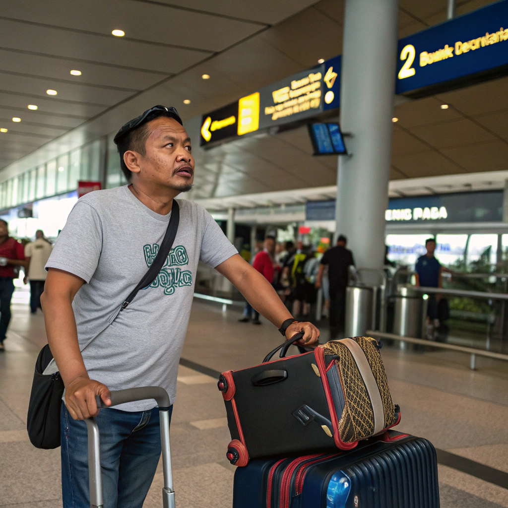 AI generated image by Red Panda AI: Malay man stuck at airport with luggage, upset face, wearing casual t-shirt, airport Malaysia background