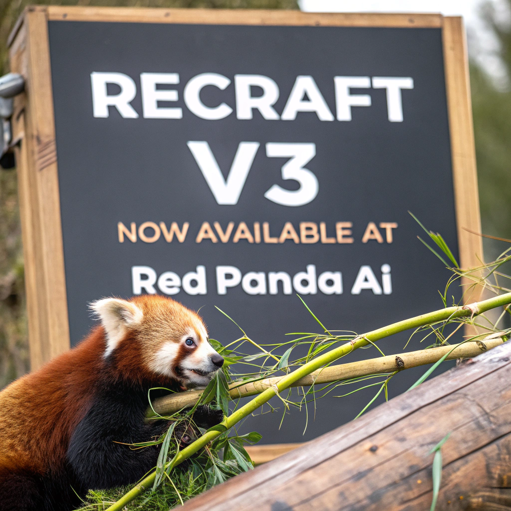 AI generated image by Red Panda AI: a red panda eating a bamboo in front of a poster that says "recraft V3 now available at red panda ai