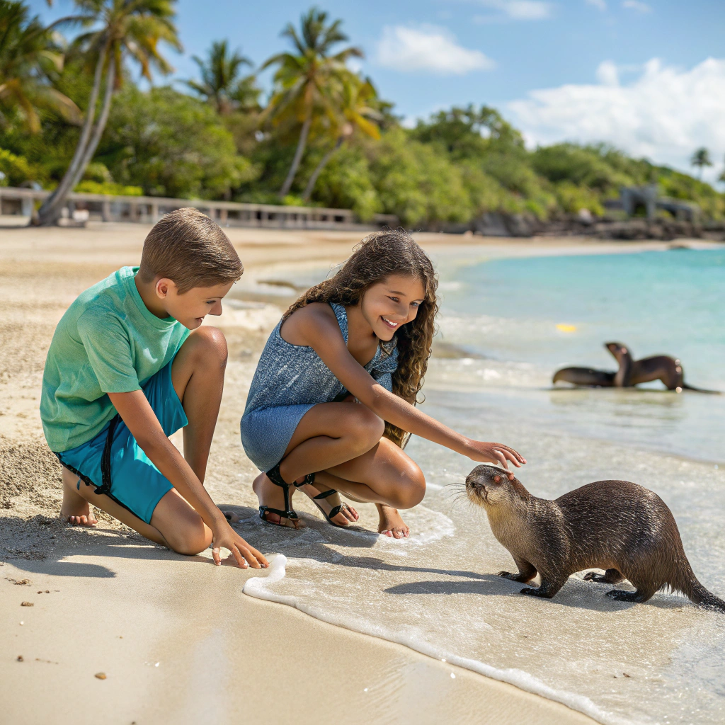 AI generated image by Red Panda AI: Two friends on the beach playing with two otters 