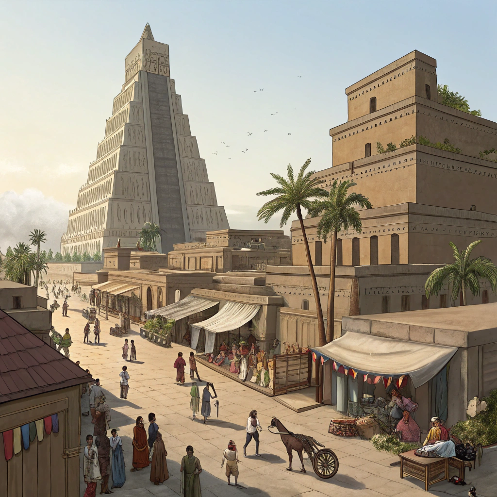 AI generated image by FLUX.1-schnell: a stylized animation of an ancient city with towering ziggurats and bustling marketplaces