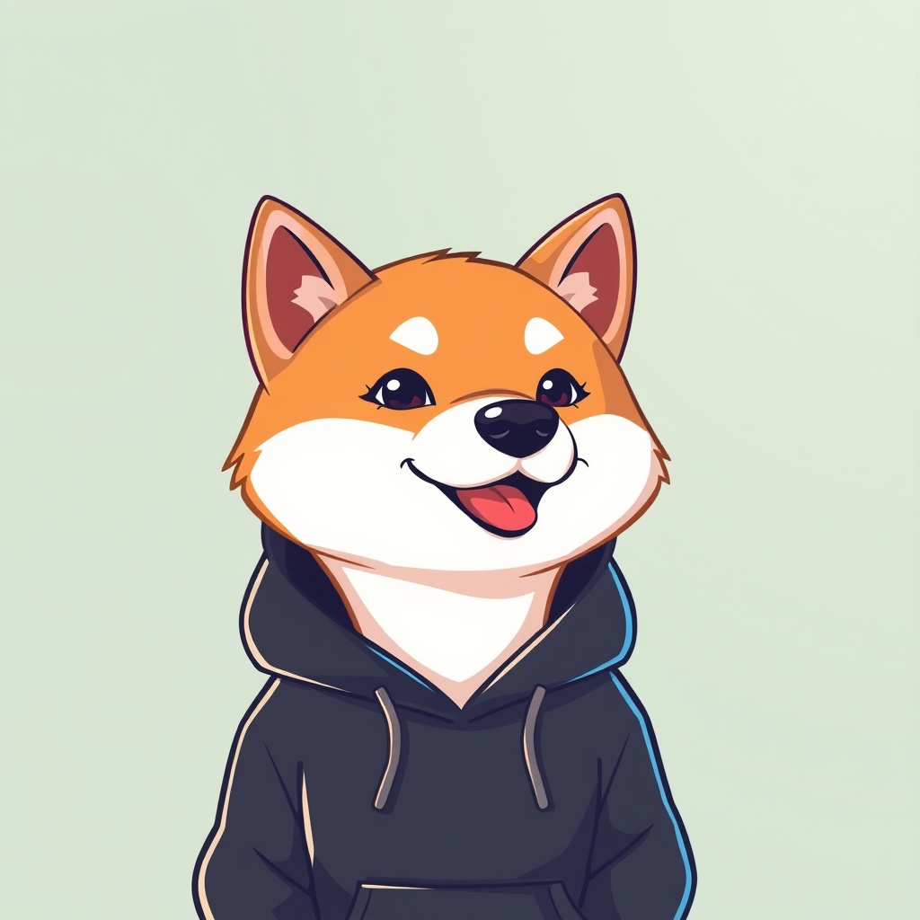AI generated image by FLUX.1-schnell: Generate an image of a cartoon style Shiba Inu  wearing a black hoodie