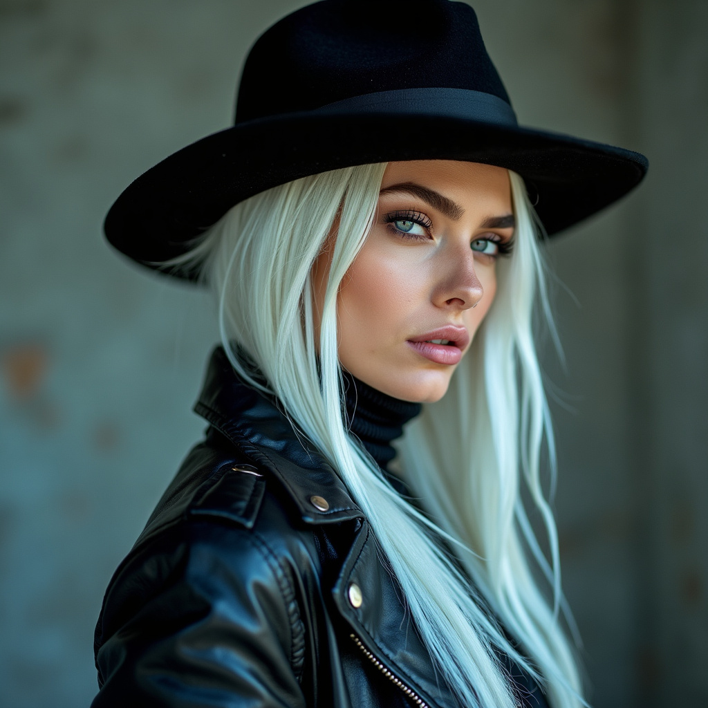 AI generated image by FLUX.1-pro: a woman with white hair wearing a tight black jacket and a hat, in the style of mashup of styles, light gray and light bronze, edgy, soft-focus technique, dark white and dark cyan, soft edges, eye-catching