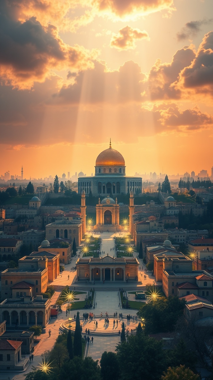 AI generated image by FLUX.1-schnell: "La Nueva Jerusalén" – Una ciudad radiante con puertas de perlas y calles de oro, con una luz celestial emanando desde el trono de Dios.