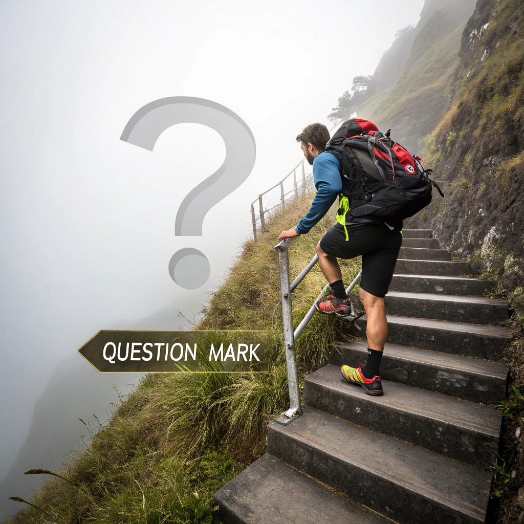 AI generated image by Red Panda AI: un randonneur avec des chaussures de marche et un GPS monte un petit escalier qui monte vers la droite avec un palier ou se situe un gros point d'interrogation