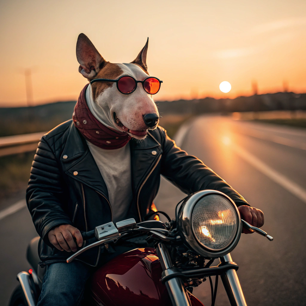 AI generated image by Red Panda AI: Un bull terrier rojo con blanco humanoide con cabeza grande , lentes y una chamarra de piel negra a bordo de una motocicleta chopper manejando por una carretera y de fondo el sol en un atardecer