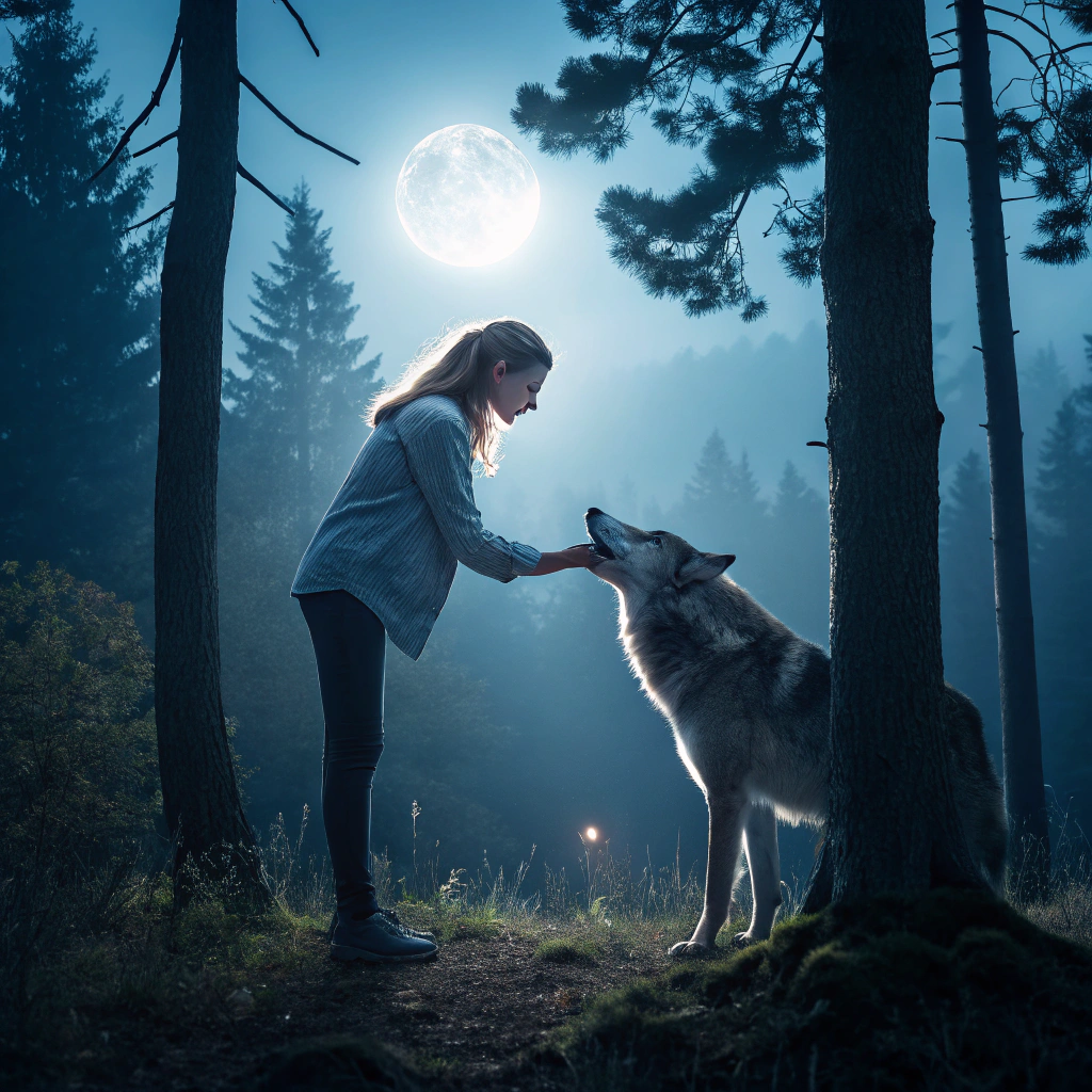 AI generated image by Red Panda AI: Mujer acariciando lobo por la noche 