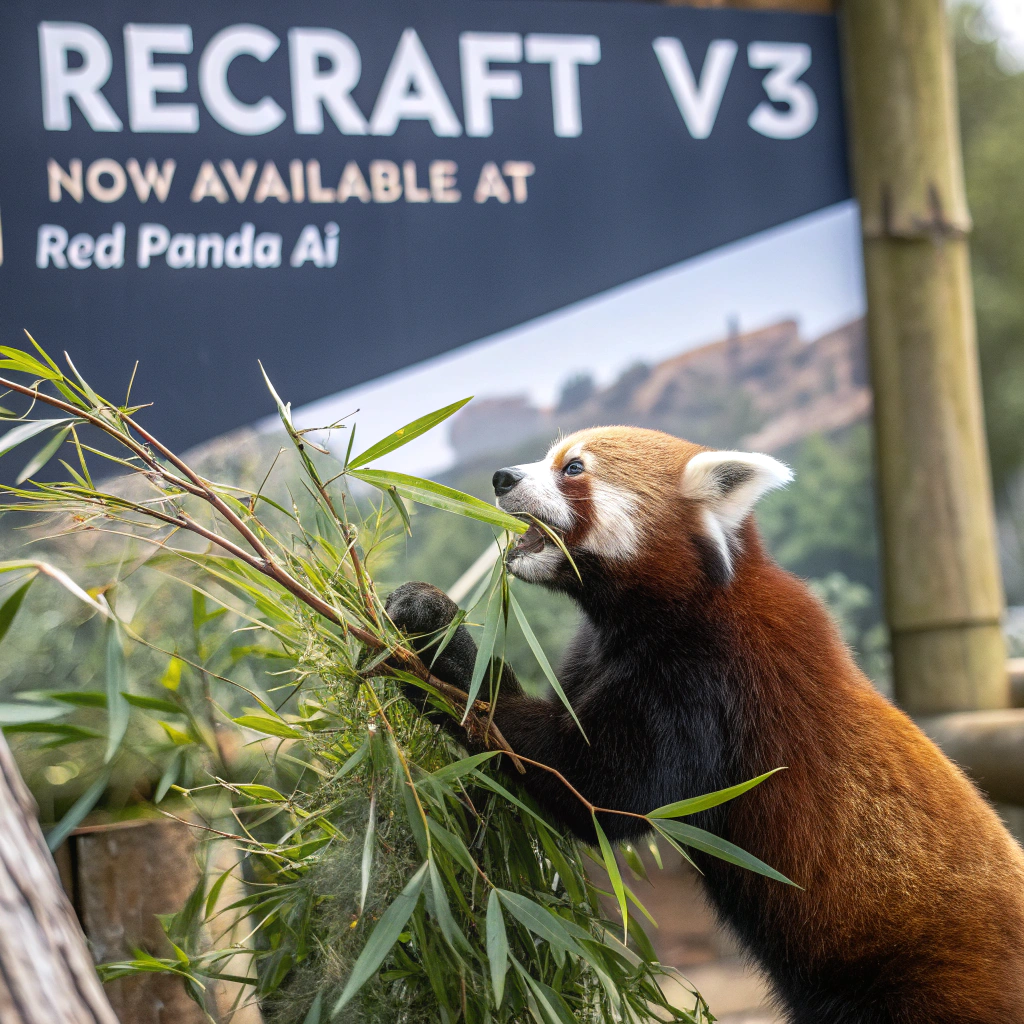 AI generated image by Red Panda AI: a red panda eating a bamboo in front of a poster that says "recraft V3 now available at red panda ai