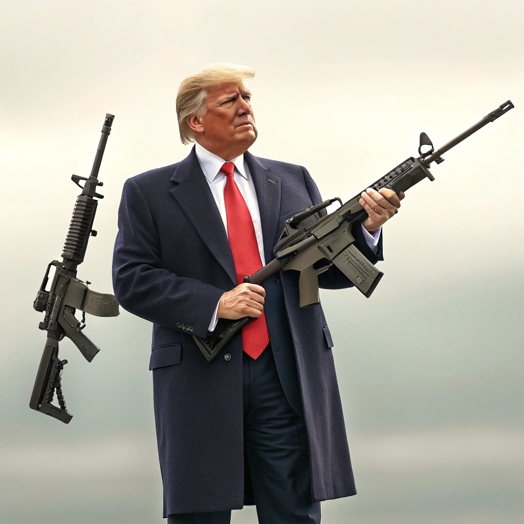 AI generated image by Red Panda AI: Trump holding an M60 in each hand