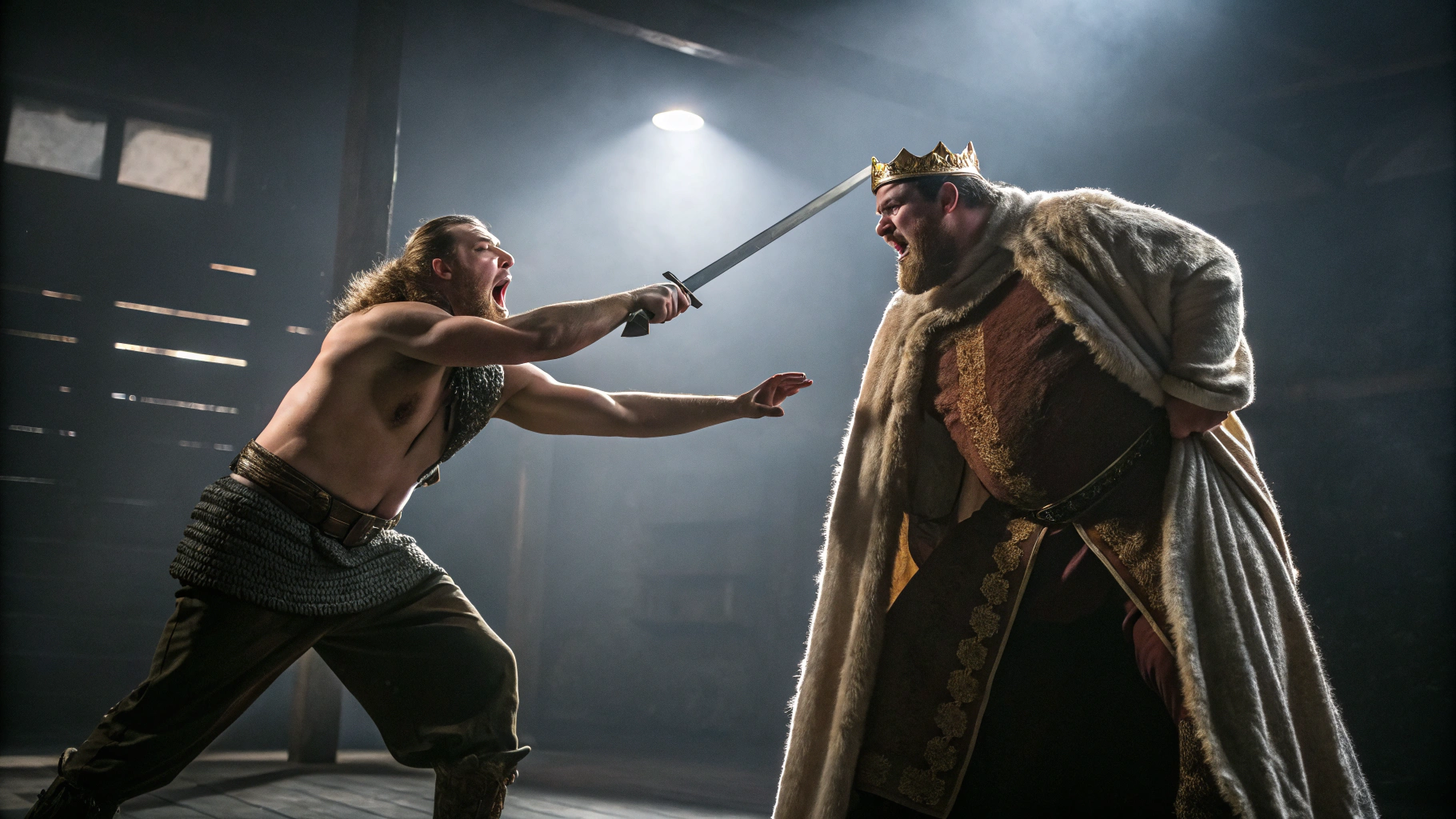 AI generated image by Red Panda AI: “Dramatic moment of a left-handed warrior stabbing a large king in the stomach with a short sword, the king’s face in shock, dark chamber, dynamic action, high drama, chiaroscuro lighting”