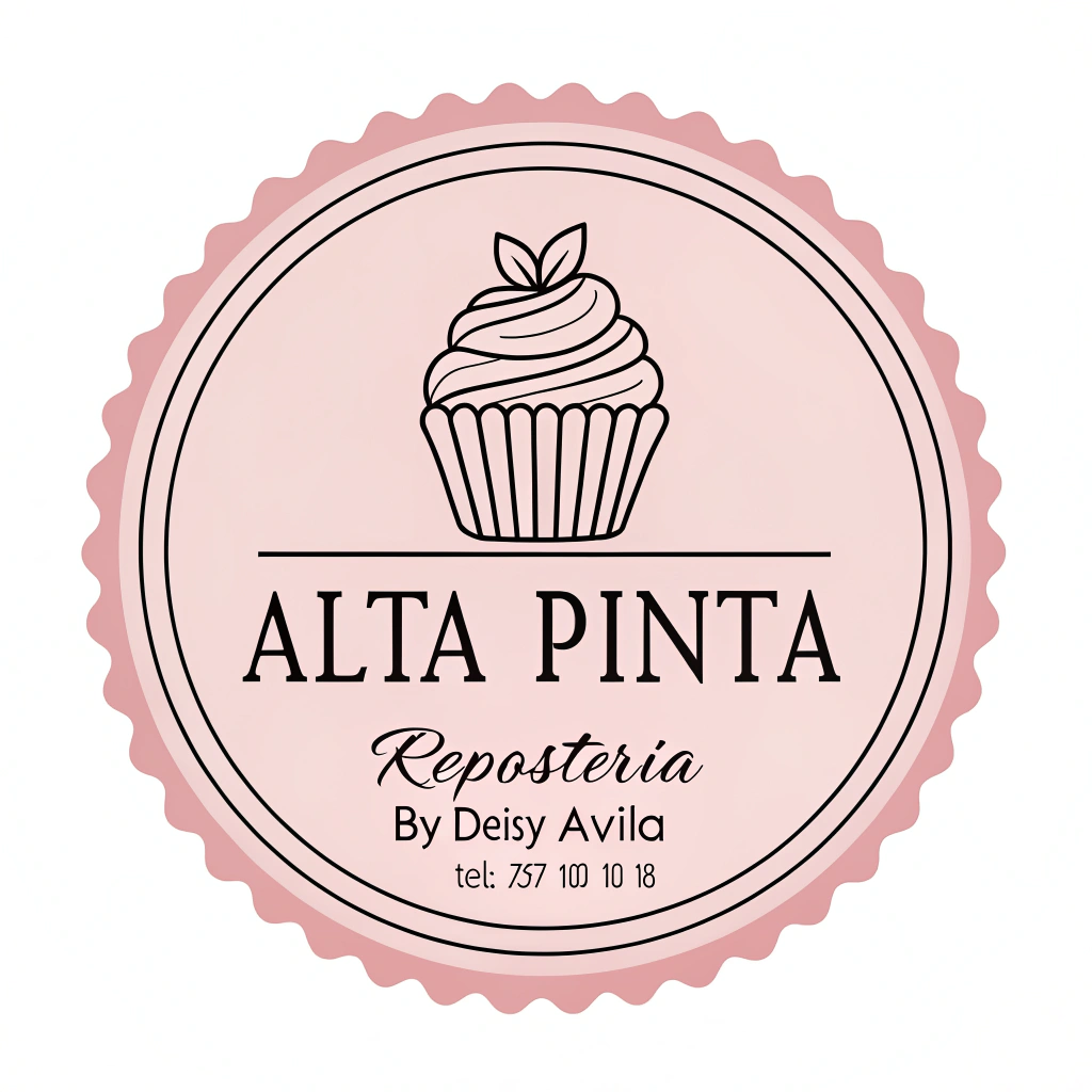 AI generated image by Red Panda AI: Create a circular logo with a scalloped edge, featuring a pink pastel background. At the center, include a minimalist illustration of a cupcake drawn with clean black lines. Below the illustration, place the text 'Alta Pinta' in a modern and elegant font, with 'Repostería' written underneath in a more formal and simple font. Add the tagline 'By Deisy Ávila' in a handwritten script style, followed by a phone number 'Tel: 767 100 10 18' at the bottom. Use a black font for all text, ensuring a clean and professional appearance that highlights the brand's artisanal essence.