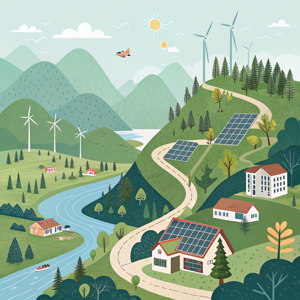 AI generated image by Red Panda AI: zelena dolina prepletena z mrežo naravnih in tehnoloških elementov. Vetrne turbine in sončne celice se harmonično stapljajo z gozdovi in rekami. Pametne ceste in mostovi povezujejo ekološke skupnosti, kjer prebivalci sodelujejo v trajnostnih praksah. Stavbe so modernih arhitekturnih oblik, prekritih z zelenjem