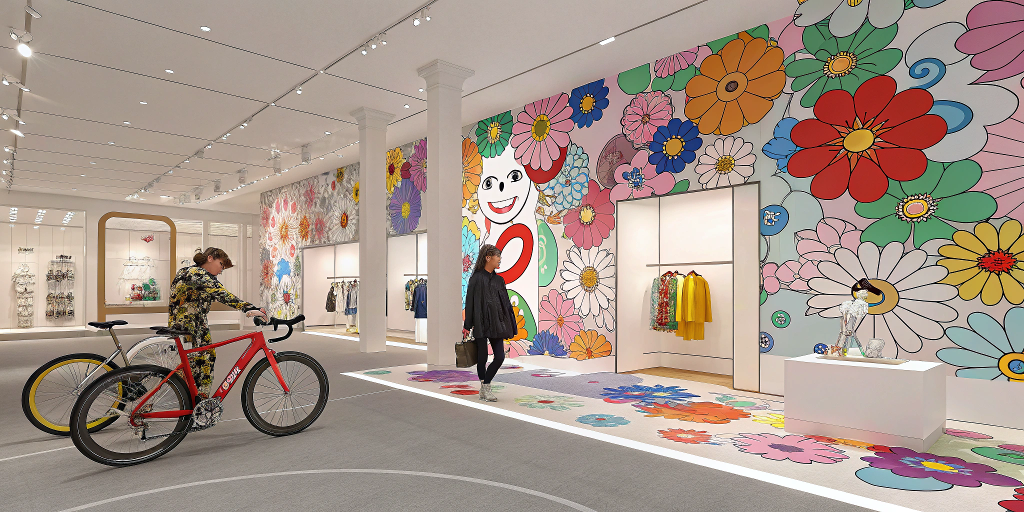 AI generated image by Red Panda AI: Create a highly realistic image of an exclusive luxury e-bike event featuring a collaboration with a famous designer inspired by Takashi Murakami. The setting is an upscale e-bike boutique transformed with vibrant, art-inspired decor showcasing Murakami’s signature bold and colorful flower motifs. The walls should be adorned with large, eye-catching murals and art installations. Display custom bicycles with unique designs reflecting Murakami’s aesthetic, featuring bright colors and intricate patterns.

Include attendees dressed in stylish, modern outfits, mingling and admiring the designer e-bikes. The designer (or someone representing a designer persona) is seen interacting with guests and discussing the creative process. A central 3D customization booth showcases the latest designer patterns, allowing guests to preview customizations in real-time. The atmosphere is lively, artistic, and luxurious, with ambient lighting that highlights the vivid colors and design details.