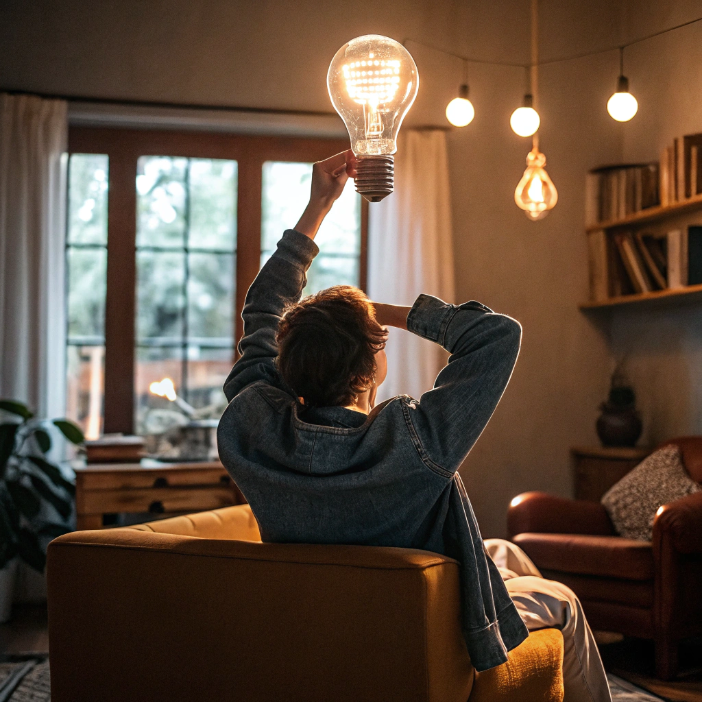 AI generated image by FLUX.1-schnell: A person thinking with a light bulb.