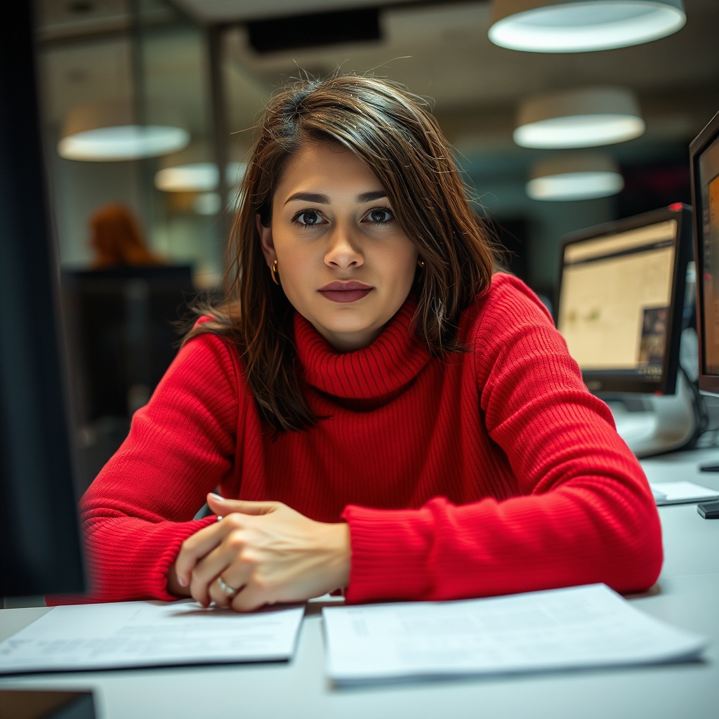 AI generated image by FLUX.1-schnell: Realistisches
Foto

einer 30-jährigen
dunkelhaarigen lockigen FRau 
mit rotem pullover

Es ist später Abend im Büro. 

Sie sitzt am Schreibtisch in Berlin
Kreuzberg. Vor ihr sind viele Bildschirme

Das Licht ist recht
kalt ohne
Sonnenstrahlen,
wenig Kontraste.

Fotografiert von
vorne mit einer
Nikon Z8 Kamera.