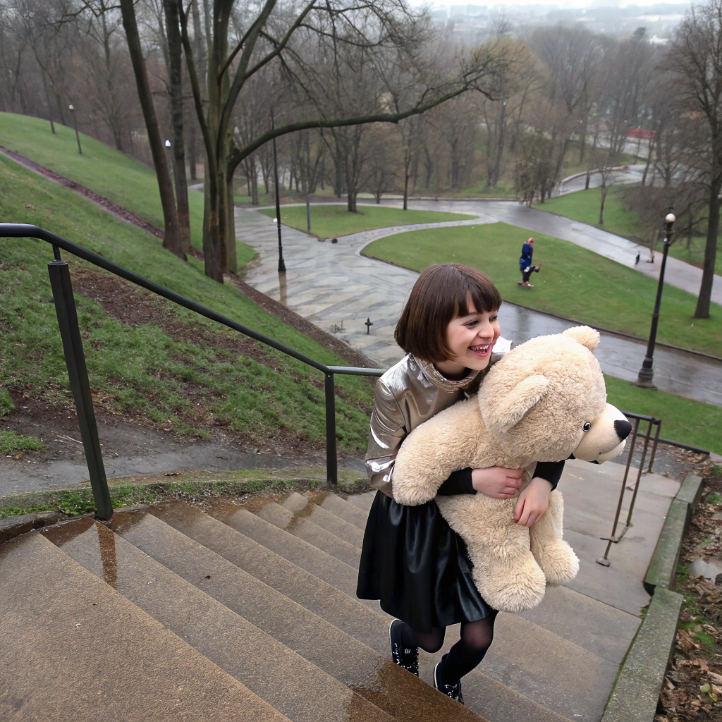 AI generated image by Red Panda AI: (photo taken from the top) = in spring raining hard: down the park steps happy , French natural ((adorable French 13-year-old) catholic French girl)(French face) ((angle-bob hair)), wearing her silk shirt with her black silk skirt,laugh, (her girlfriend is disguised as a giant teddy bear) bear hugging her tight