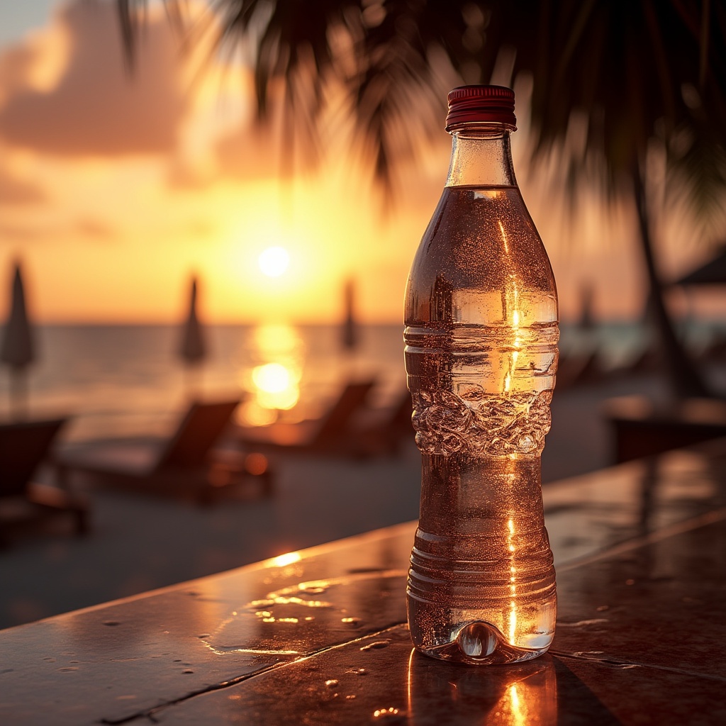 AI generated image by FLUX.1-pro: I want you to generate an image of a realistic water bottle that is very luxurious, Caribbean type, as if it were in a bar near the beach with lighting at the magic hour of the sunset, very realistic photo in Punta Cana.