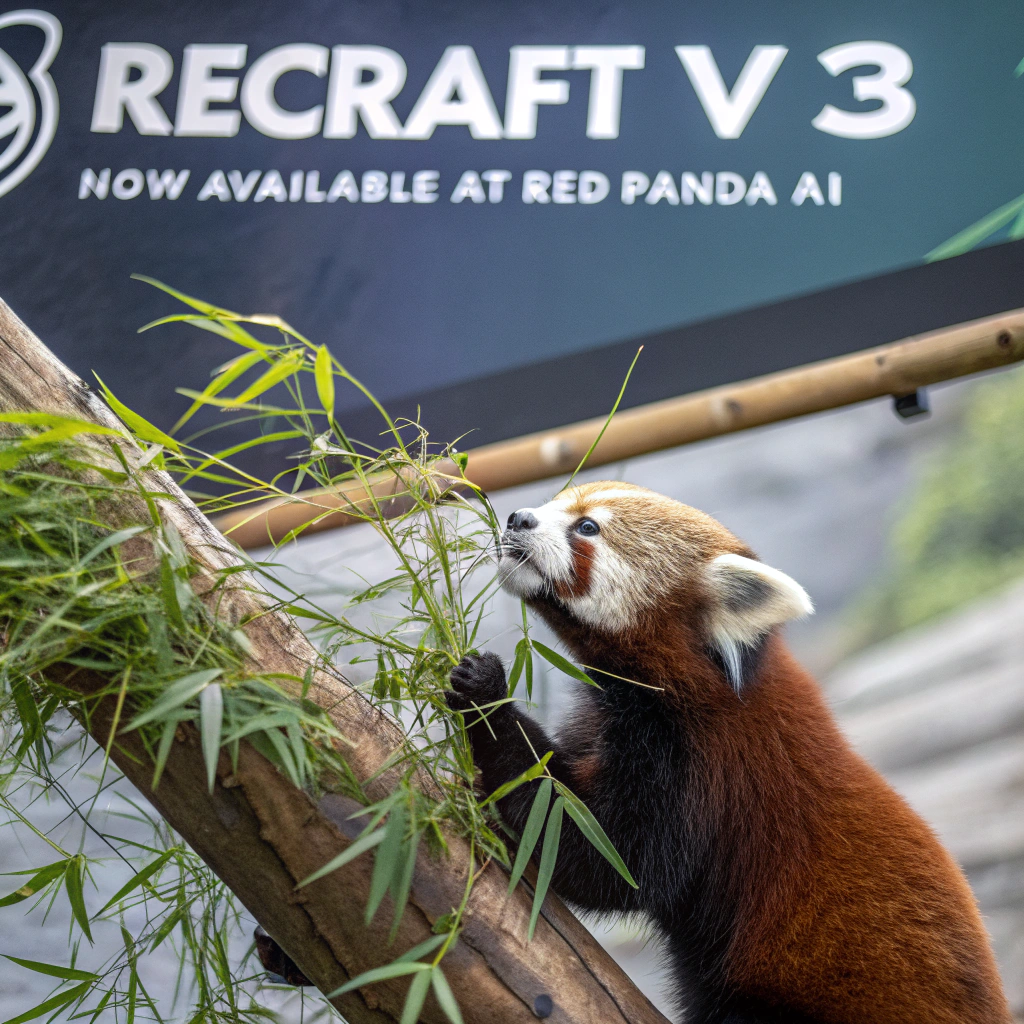 AI generated image by Red Panda AI: a red panda eating a bamboo in front of a poster that says "recraft V3 now available at red panda ai