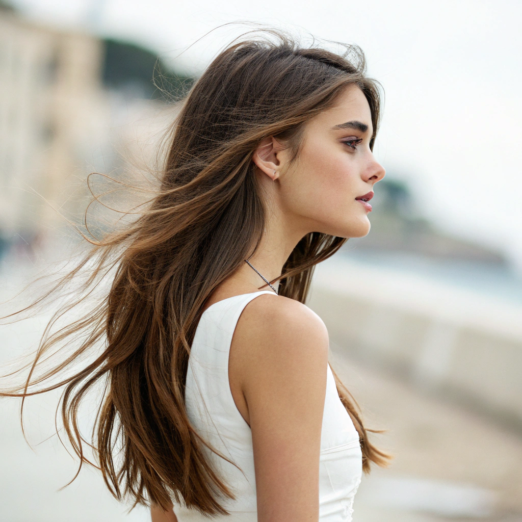 AI generated image by FLUX.1-schnell: full-length realistic photograph taken from the side of a cute and beautiful, very slim, young brunette woman, long flowing brown hair, very soft and smooth white skin
