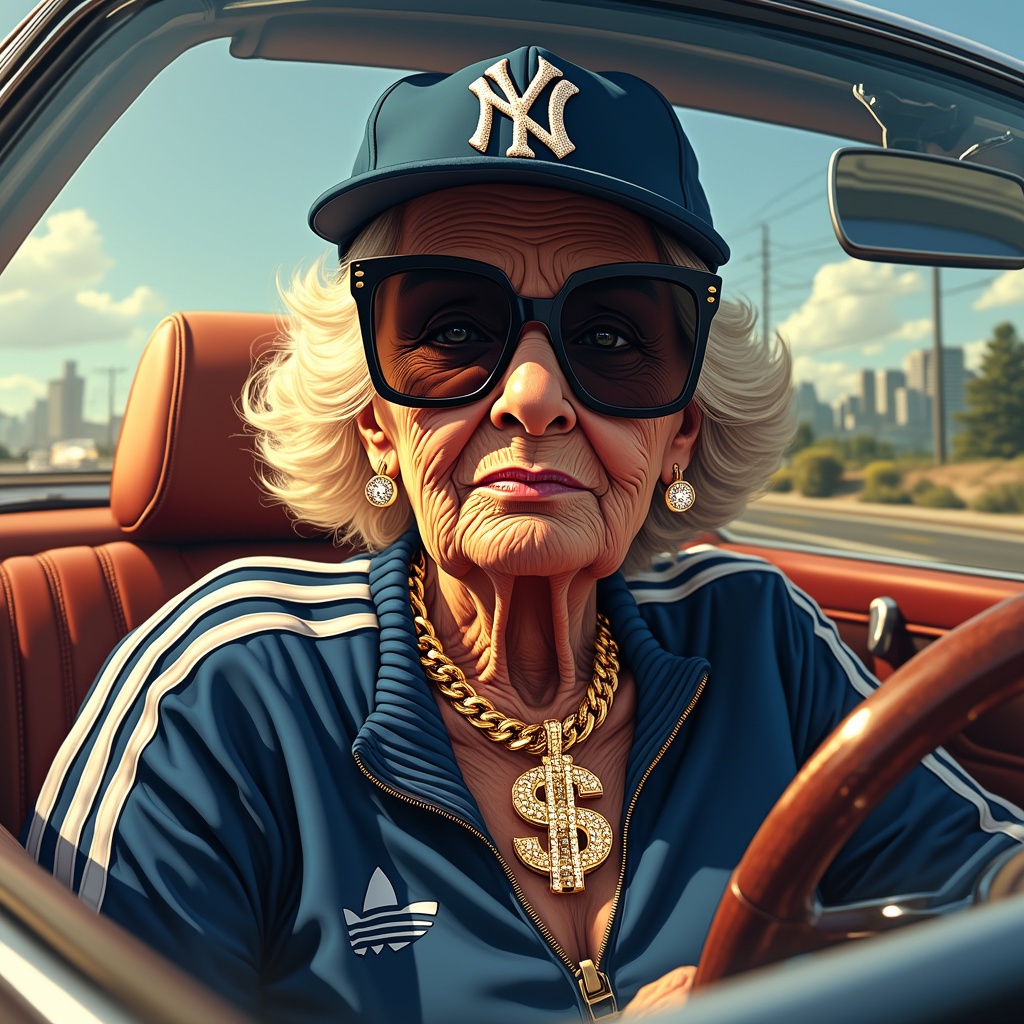 AI generated image by FLUX.1-pro: Image type: digital illustration, portrait, bright saturated colors, daylight.
The main object: a cool old granny driving an expensive car, filmed from the street through an open car window. She is dressed in a classic Adidas tracksuit with stripes, large fashionable black square sunglasses with pronounced corners and massive frames, and a rapper baseball cap with an even visor and the NY corporate logo folded into a well-known stylish design. Around her neck is a massive gold Bismarck chain with a huge platinum pendant in the form of a dollar sign "$" encrusted with diamonds, which sparkles in the sun. Her cheeky, disdainful expression demonstrates her status and brash style.
Composition and perspective: shooting from the street through an open car window, a long shot, emphasizing her dominant and confident image.
The bright sun creates spectacular glare on her glasses, pendant and hood of the car.
Atmosphere and mood: a combination of charisma, humor and street coolness. The day, the rich colors, the feeling of movement, freedom and power. This granny knows what style is and how to manage her life.
Art style and effects: digital painting in the style of realism with elements of pop art. Contrasting colors, sun glare, the radiance of gold and diamonds, bright lighting that highlights the details.