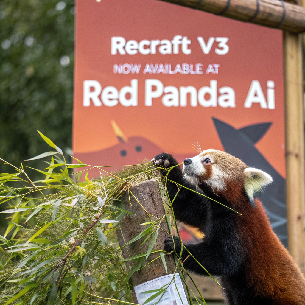 AI generated image by Red Panda AI: a red panda eating a bamboo in front of a poster that says "recraft V3 now available at red panda ai