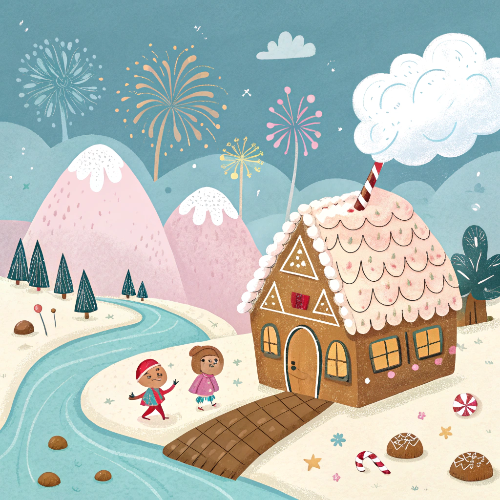 AI generated image by Red Panda AI: Un chalet en pains d'épices le long d'un rivière en pâte à sucre au pied d'une montagne en crème glacée survolé par des nuages en barbe à papa. Les habitants sont des petits emojis. Il y a un feu d'artifice de bonbons en arrière plan 