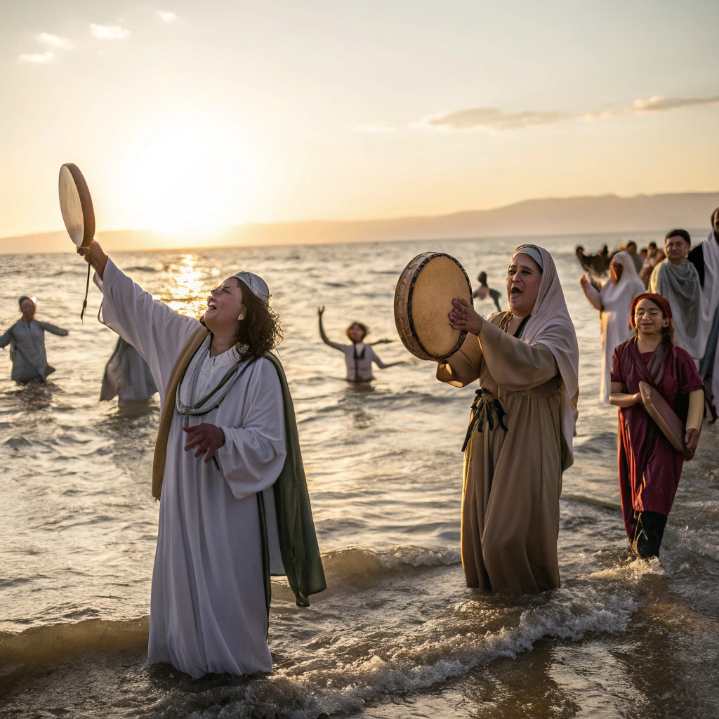 AI generated image by Red Panda AI: El pueblo de Israel acaban de cruzar el mar Rojo, con Moisés a la cabeza y las mujeres con pandereta en mano cantan a Dios