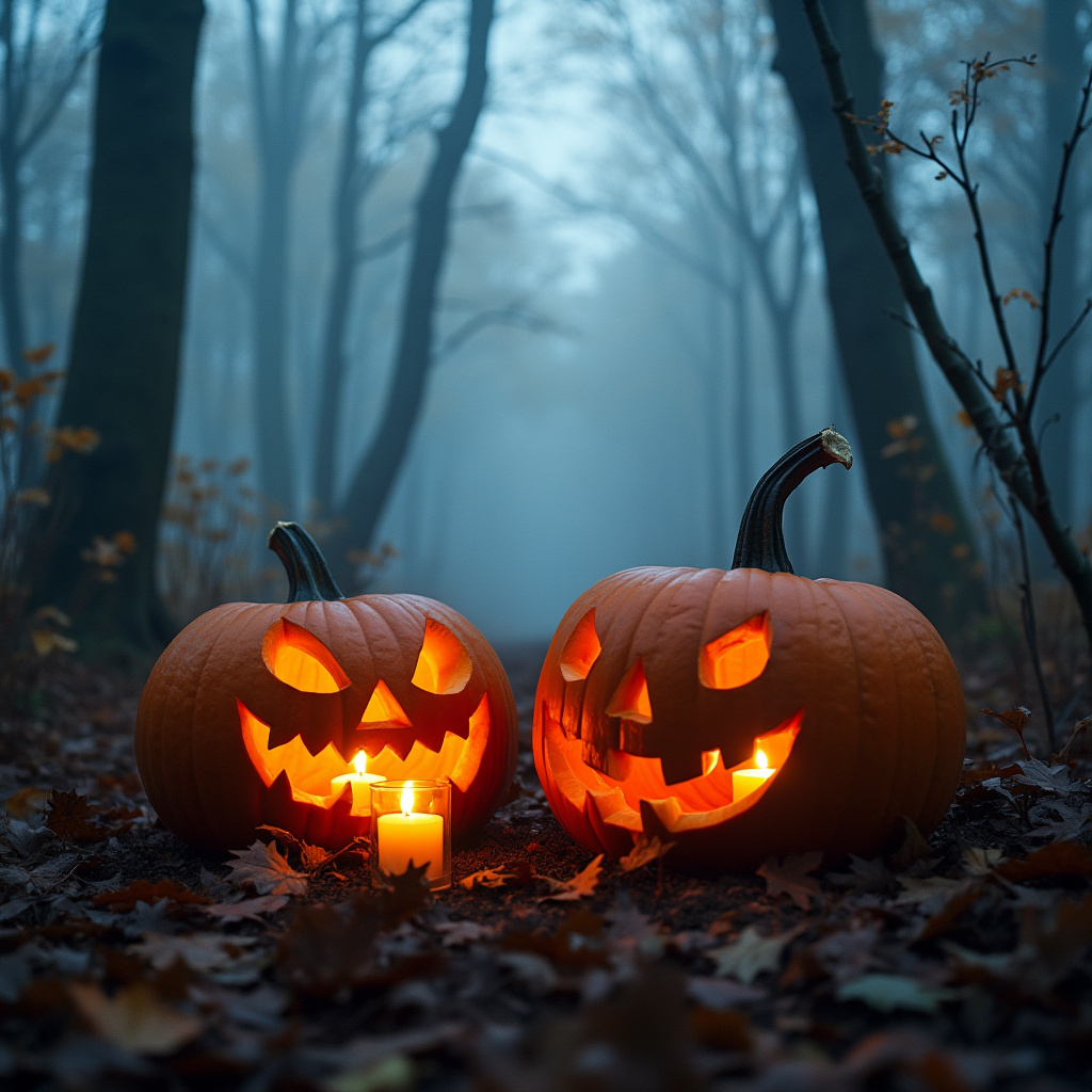 AI generated image by FLUX.1-pro: two Halloween pumpkins in the forest, candles burning in the pumpkins, autumn forest, thick fog, twilight, film photography
