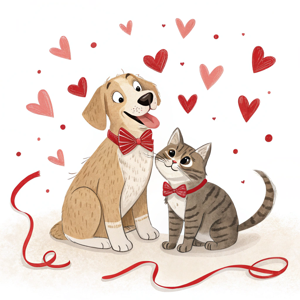 AI generated image by Red Panda AI: una imagen de un perro y un gato disfrutando de un 14 de febrero siendo los mejores amigos, con un fondo blanco 
