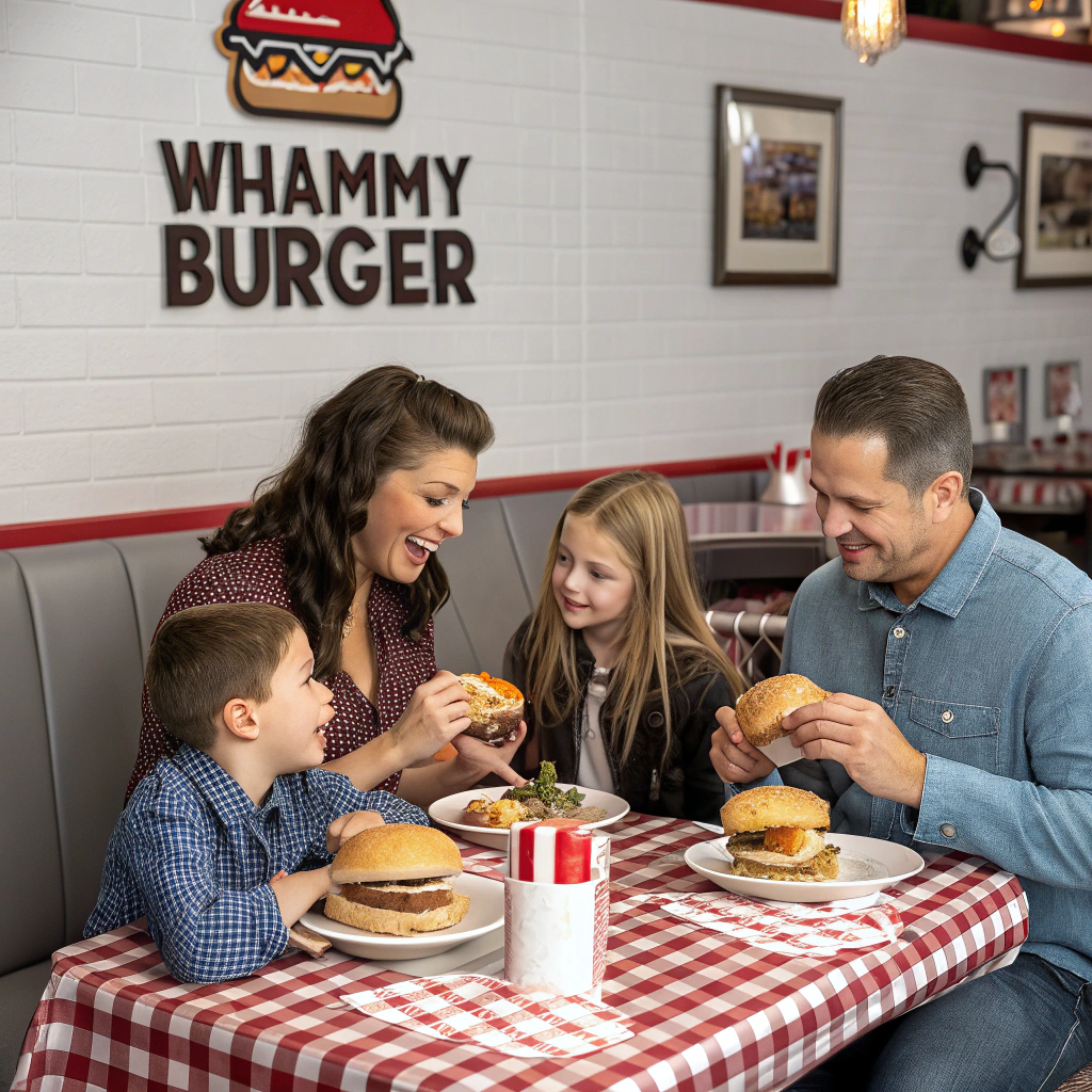 AI generated image by Red Panda AI: Image of a family eating hamburgers at a restaurant called "Whammy Burger". Photorealistic.