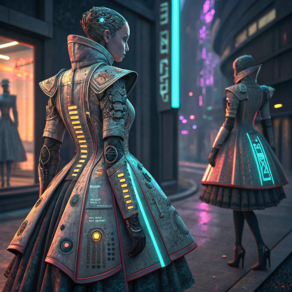 AI generated image by Red Panda AI: three views of a dress which  looks like it belongs in a futuristic cyberpunk world 