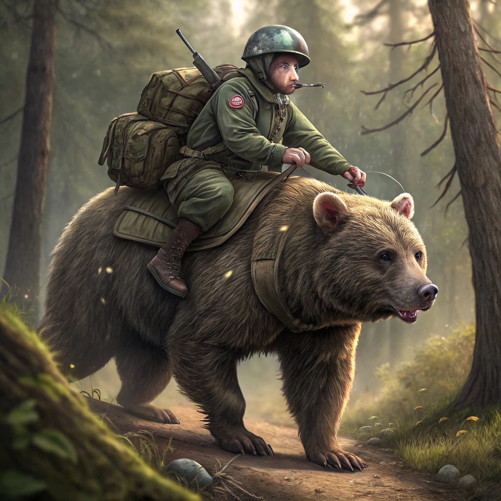 AI generated image by FLUX.1-schnell: una rata montando a un oso militar