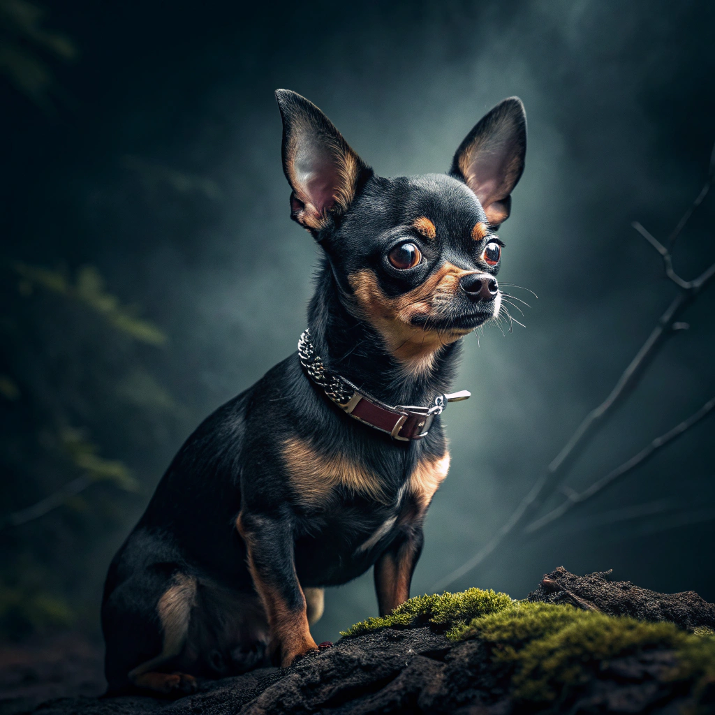 AI generated image by Red Panda AI: Crea un Chihuahua negro con el pecho cafe qué se vea medio diabólico y que esté tuerto, que quiere conquistar el mundo
