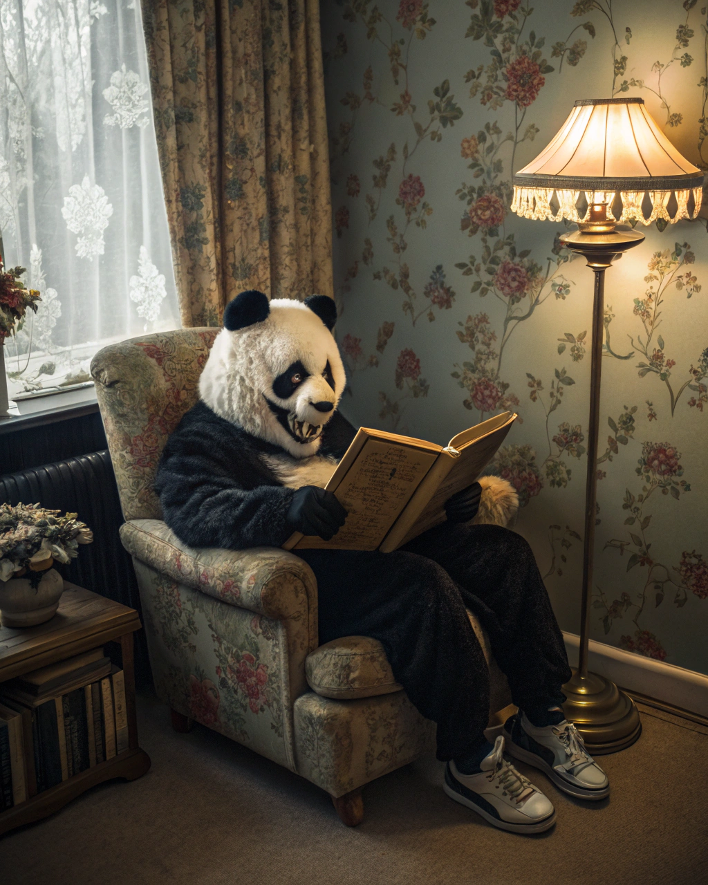 AI generated image by Red Panda AI: create an image of a panda bear, with a scary skull-like face, sitting in an armchair, reading an old book, under the light of a lamp, in a room with flowery wallpaper on the walls