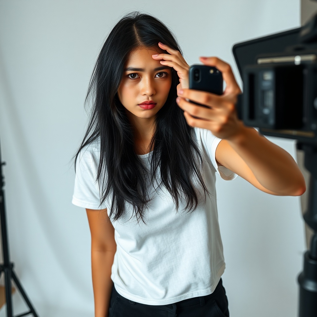 AI generated image by FLUX.1-schnell: A female model taking a photo with a sad expression at a photo shoot. The model is wearing a black short skirt and a white T-shirt. Black hair.