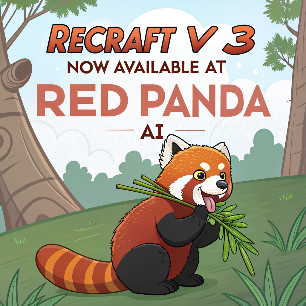 AI generated image by Red Panda AI: a red panda eating a bamboo in front of a poster that says "recraft V3 now available at red panda ai