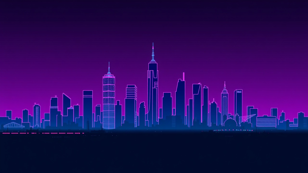 AI generated image by FLUX.1-schnell: cyberpunk city skyline silhouette, wireframe buildings, neon outlines, glitch art style, gradient purple and teal sky, abstract urban composition, vertical 1600x2400, no characters, no writing