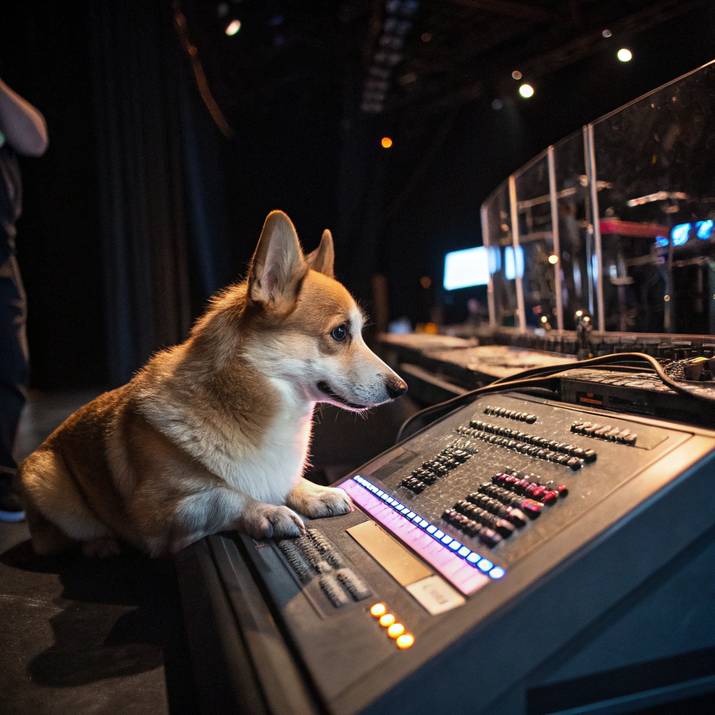 AI generated image by Red Panda AI: a corgi dog, controlling the lighting of a live show, he is sitting like an operator leaning over the grand ma2 controller