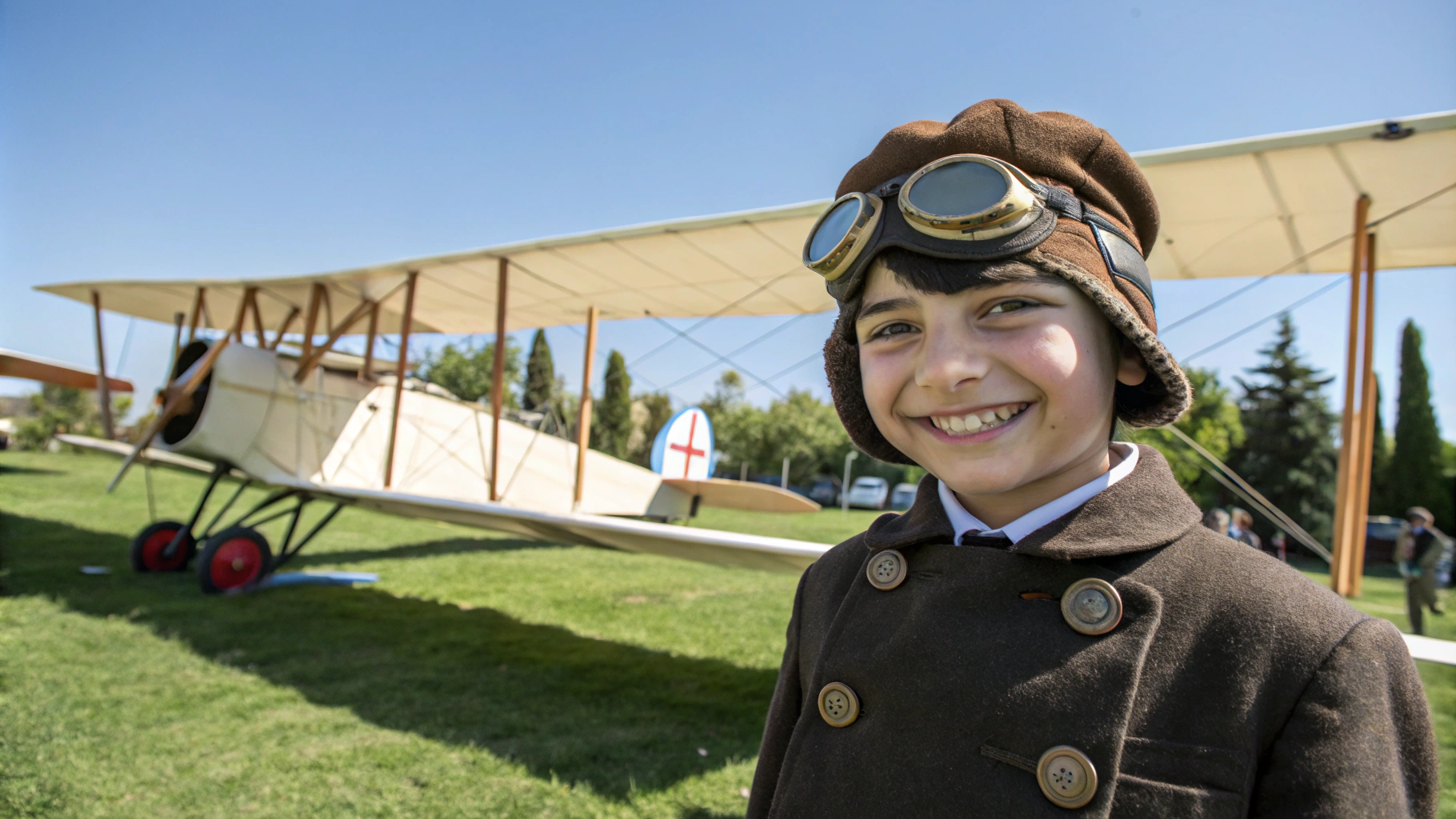 AI generated image by Red Panda AI: "A cheerful young boy with short black hair and bright eyes wears a traditional Ottoman-inspired pilot uniform with historic Turkish details, including a brown pilot's hat and goggles. The boy stands proudly in front of an early 20th-century Ottoman aircraft, smiling warmly." The scene takes place on a sunny day with a clear blue sky, surrounded by green grass and a few trees. The aircraft has a wooden frame and fabric wings, reflecting the early era of aviation. designed, the atmosphere is hopeful and inspiring." cartoon, 3D