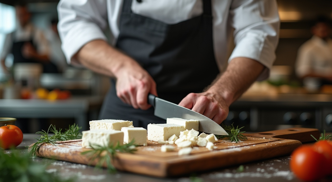 AI generated image by FLUX.1-pro: food photography of a male master chef hoding a kitchen knife slicing up feta cheese, restaurant kitchen, chefs in background, vivid, still life, realistic, detailed
