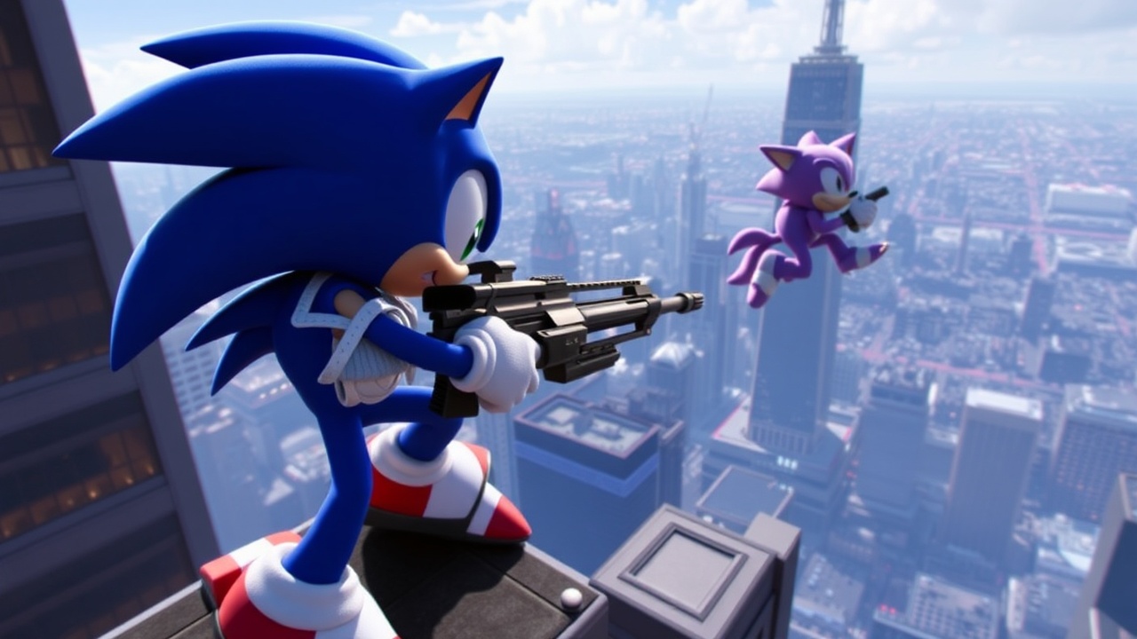 AI generated image by FLUX.1-schnell: Fang the Sniper from Sonic the Hedgehog taking aim at Big the Cat from the top of a skyscraper