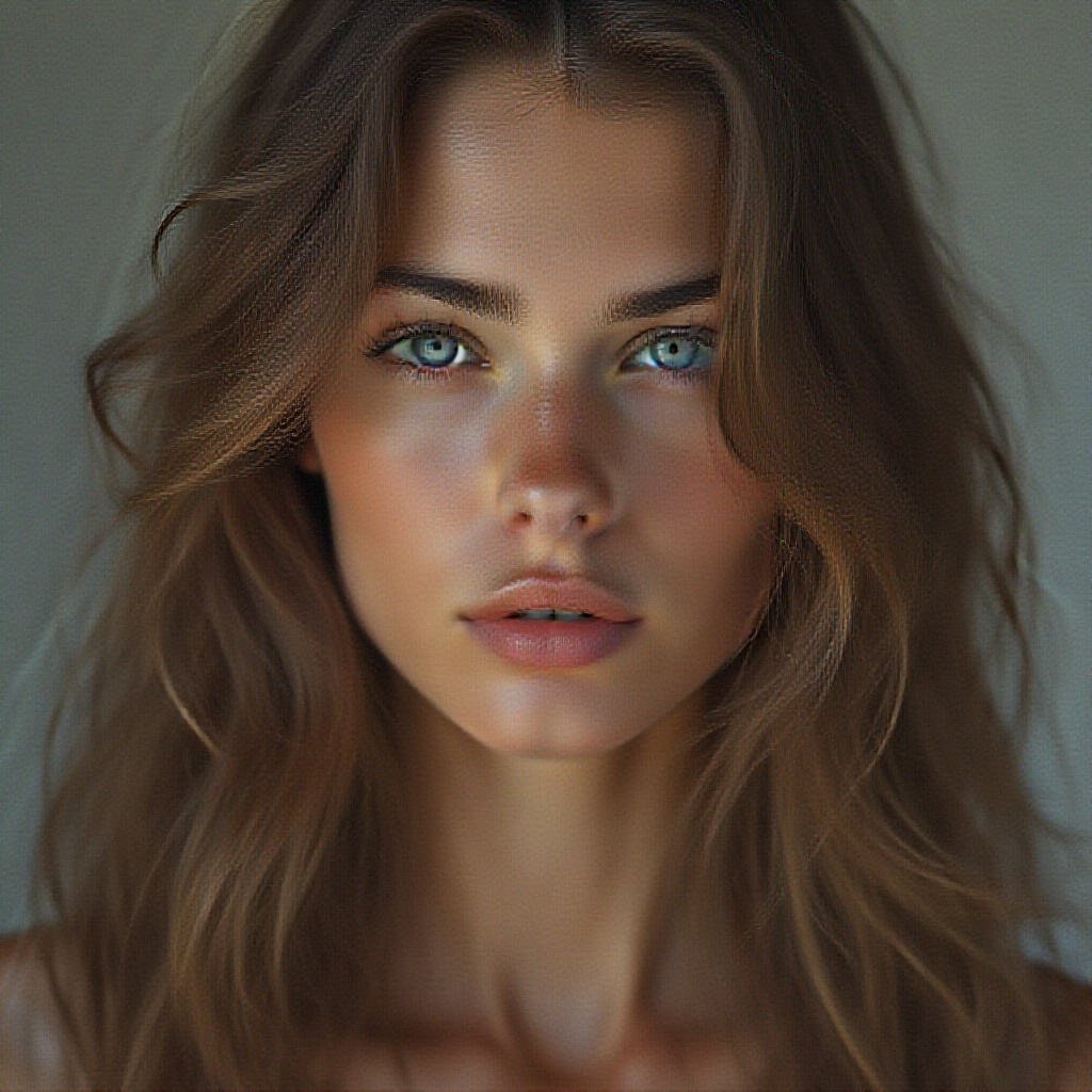 AI generated image by FLUX.1-pro: A stunning young woman with flawless skin, deep blue eyes, and long wavy brown hair. Her face is illuminated by soft natural light, highlighting her delicate features and subtle makeup. She has a confident yet serene expression, looking directly into the camera with an intense gaze. Ultra-realistic details, cinematic lighting, and a shallow depth of field.