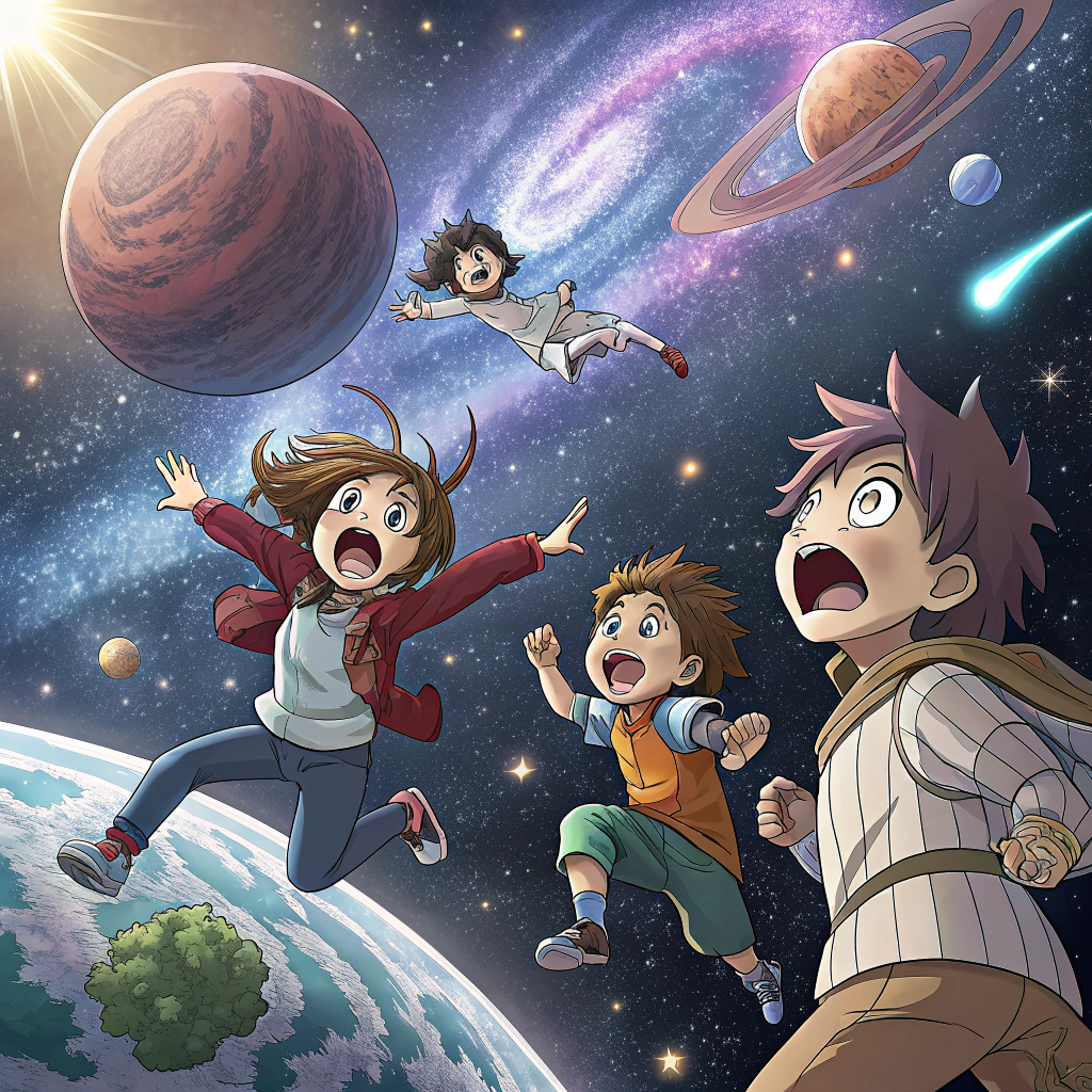 AI generated image by Red Panda AI: An anime-style image of people soaring up due to the change of gravity and quantum uncertainty in space. Add danger but the image