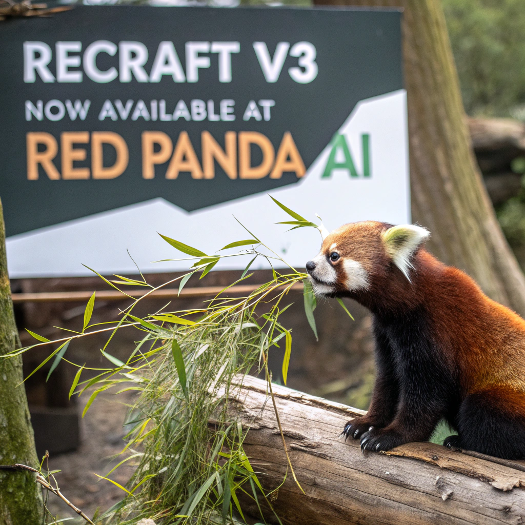 AI generated image by Red Panda AI: a red panda eating a bamboo in front of a poster that says "recraft V3 now available at red panda ai